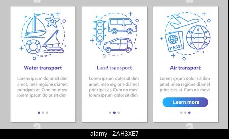 Modes of transports onboarding mobile app page screen with linear concepts. Land, air and water transportation steps graphic instructions. UX, UI, GUI Stock Vector