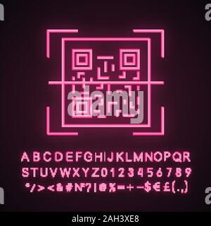 QR code scanning neon light icon. 2D code reading app. Matrix barcode scanner. Two-dimensional barcode. Glowing sign with alphabet, numbers and symbol Stock Vector