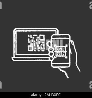 QR code scanning smartphone app chalk icon. Barcode authorization. Mobile phone reading barcode on PC. Matrix code displayed on laptop scanning with s Stock Vector
