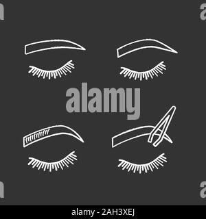 Eyebrows shaping chalk icons set. Straight and soft arched eyebrows shape, brows microblading, tweezing. Isolated vector chalkboard illustrations Stock Vector