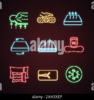Mattress neon light icons set. Orthopedic, latex, breathable, dual season, two-sided, mattresses with removable cover, pillows, weight limit up to 140 Stock Vector