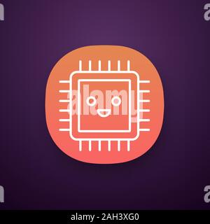 Smiling processor app icon. Well working microprocessor. Chip, microchip in good quality. CPU. Central processing unit. Integrated circuit. UI/UX inte Stock Vector