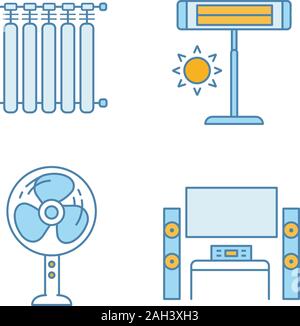 Household appliance color icons set. Radiators, infrared heater, stand floor fan, home theater system with TV. Isolated vector illustrations Stock Vector