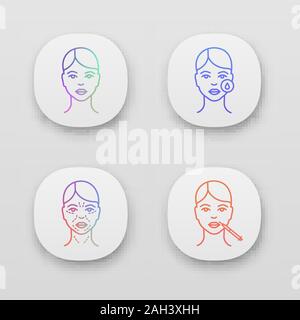 Neurotoxin injection app icons set. UI/UX user interface. Woman face, makeup removal, mimic wrinkles, lips injection. Web or mobile applications. Vect Stock Vector
