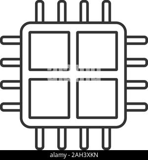 Quad core processor linear icon. Four core microprocessor. Thin line illustration. Microchip, chipset. CPU. Multi-core processor. Integrated circuit. Stock Vector