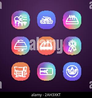 Mattress app icons set. UI/UX user interface. Orthopedic, latex, breathable, dual season, ecological mattress with removable cover, pillows and award Stock Vector