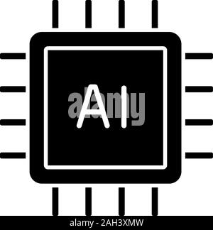 AI processor glyph icon. Microprocessor for artificial intelligence system. Microchip, chipset. CPU. Central processing unit. Computer, phone processo Stock Vector
