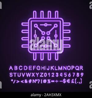Processor with electronic circuits neon light icon. Microprocessor with microcircuits. Chip, microchip, chipset. CPU. Integrated circuit. Glowing alph Stock Vector