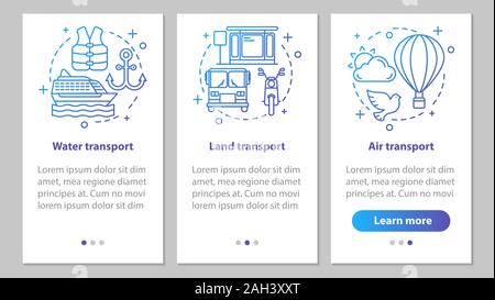 Modes of transports onboarding mobile app page screen with linear concepts. Land, air and water transportation steps graphic instructions. UX, UI, GUI Stock Vector