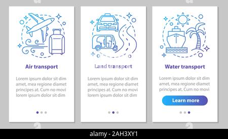 Modes of transports onboarding mobile app page screen with linear concepts. Land, air and water transportation steps graphic instructions. UX, UI, GUI Stock Vector