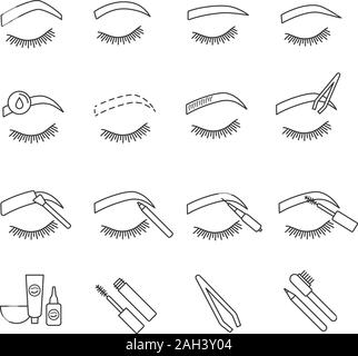 Eyebrows shaping linear icons set. Brows microblading and tattoo procedure. Eyebrows permanent makeup. Brows tinting. Thin line contour symbols. Isola Stock Vector