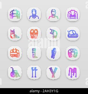 Trauma treatment app icons set. Orthopedic equipment. Braces and bandages, crutches. Injuries, broken legs and arms recovery. Mobility aid. UI/UX user Stock Vector