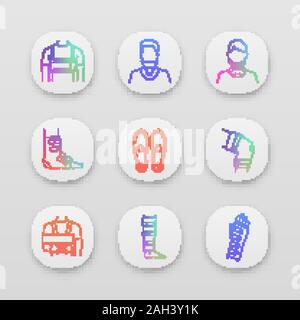 Trauma treatment app icons set. Rib belt, cervical collar, ankle and knee braces, insoles, shoulder immobilizer, shin support, wrist brace. UI/UX user Stock Vector