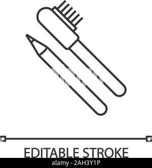 Eyebrow pencils with brush linear icon. Thin line illustration. Makeup pencil. Brows makeup and shaping. Contour symbol. Vector isolated outline drawi Stock Vector