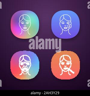 Neurotoxin injection app icons set. UI/UX user interface. Woman face, makeup removal, mimic wrinkles, lips injection. Web or mobile applications. Vect Stock Vector