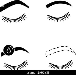 Eyebrows shaping glyph icons set. Steep arched and rounded eyebrows, makeup removal, brows contouring. Silhouette symbols. Vector isolated illustratio Stock Vector