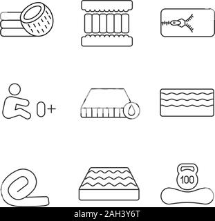 Mattress linear icons set. Coconut fiber, memory foam filler, waterproof, antiallergic, springless, mattresses for newborn, weight limit up to 100 kg. Stock Vector