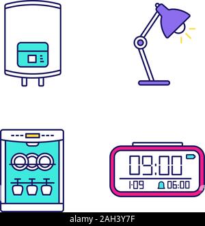 Household appliance color icons set. Electric water heater, table lamp, dishwasher, digital clock. Isolated vector illustrations Stock Vector