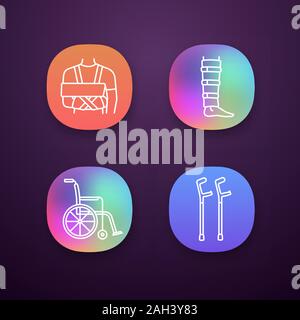 Trauma treatment app icons set. Shoulder immobilizer, shin brace, wheelchair, elbow crutches. UI/UX user interface. Web or mobile applications. Vector Stock Vector