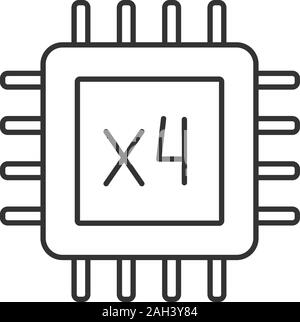 Quad core processor linear icon. Four core microprocessor. Thin line illustration. Microchip, chipset. CPU. Multi-core processor. Integrated circuit. Stock Vector