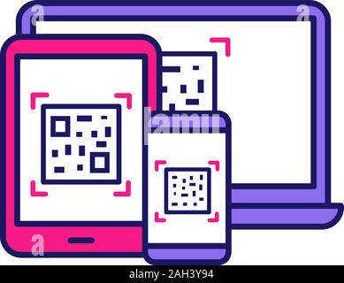 QR codes on different devices color icon. Matrix barcodes generator. 2D codes on laptop, smartphone and tablet pc. Data matrix. Barcodes reading and s Stock Vector