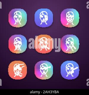 Neurotoxin injection app icons set. UI/UX interface. Woman face, makeup removal, cream, wrinkles, lips, eye neurotoxin injection, cosmetologist exam, Stock Vector