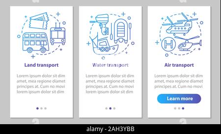 Modes of transports onboarding mobile app page screen with linear concepts. Land, air and water transportation steps graphic instructions. UX, UI, GUI Stock Vector