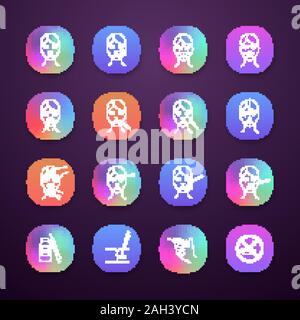 Neurotoxin injection app icons set. UI/UX user interface. Anti wrinkle procedures. Neuro toxin injection. Facial rejuvenation. Cosmetic procedures. Co Stock Vector