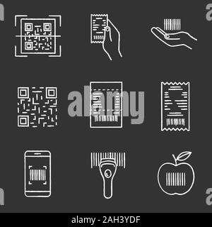 Barcodes chalk icons set. QR and linear codes scanning app, device, cash receipt, barcode in hand, paper check, product bar code. Isolated vector chal Stock Vector