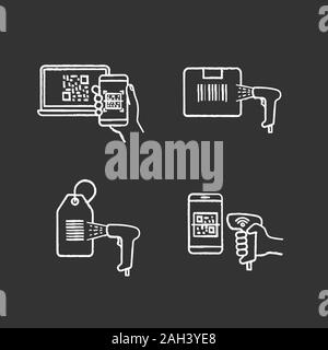 Barcodes chalk icons set. Smartphone bar code scanning, delivery barcode scanning, hang tag, handheld qr code scanner. Isolated vector chalkboard illu Stock Vector