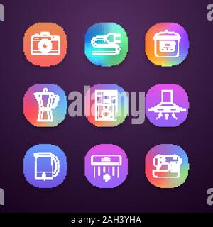 Household appliance app icons set. Photo camera, wire plug, multi cooker, coffee maker, range hood, electric kettle, coffee machine, air conditioner, Stock Vector