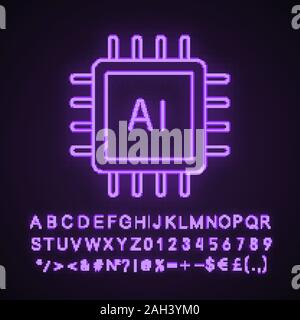 AI processor neon light icon. Microprocessor for artificial intelligence system. Microchip, chipset. CPU. Computer, phone processor. Glowing sign with Stock Vector