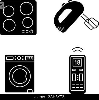 Household appliance glyph icons set. Electric induction hob, handheld mixer, washing machine, air conditioner remote control. Silhouette symbols. Vect Stock Vector