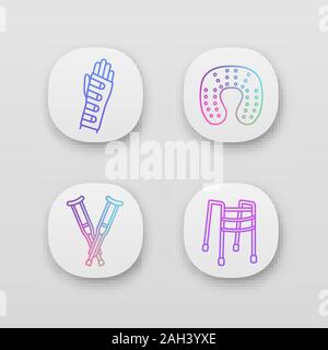 Trauma treatment app icons set. Wrist brace, neck pillow, axillary crutches, walker. UI/UX user interface. Web or mobile applications. Vector isolated Stock Vector