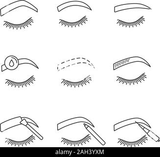 Eyebrows shaping linear icons set. Steep arched, rounded, straight brows, makeup removal, microblading, tattooing, eyebrows contouring, tinting. Isola Stock Vector
