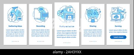 Vlogging onboarding mobile app page screen with linear concepts. Video idea, recording, post production, sharing, earning steps graphic instructions. Stock Vector