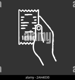 Hand holding cash receipt chalk icon. Paper check. Bill. Isolated vector chalkboard illustration Stock Vector