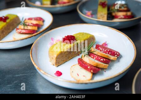 Duck terrine with autumn fruit and red wine jelly. Stock Photo