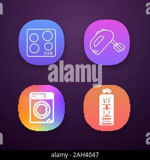 Household appliance app icons set. Electric induction hob, handheld mixer, washing machine, air conditioner remote control. UI/UX interface. Web or mo Stock Vector