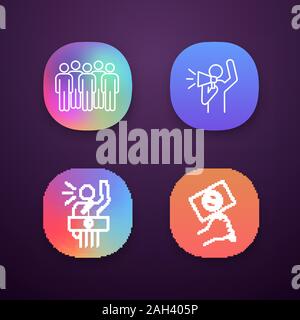Protest action app icons set. UI/UX user interface. Meeting, protester, protest banner, speech. Web or mobile application. Vector isolated illustratio Stock Vector