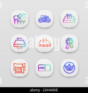 Mattress app icons set. UI/UX user interface. Orthopedic, latex, breathable, dual season, ecological mattress with removable cover, pillows and award Stock Vector