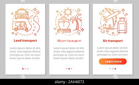 Modes of transports onboarding mobile app page screen with linear concepts. Land, air and water transportation steps graphic instructions. UX, UI, GUI Stock Vector