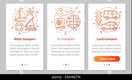 Modes of transports onboarding mobile app page screen with linear concepts. Land, air and water transportation steps graphic instructions. UX, UI, GUI Stock Vector