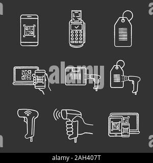 Barcodes chalk icons set. Smartphone barcode scanning app, paper receipt, hang tag, parcel bar code, handheld code scanner, reader. Isolated vector ch Stock Vector