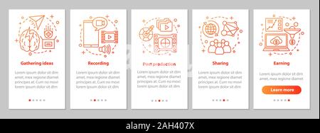 Vlogging onboarding mobile app page screen with linear concepts. Video idea, recording, post production, sharing, earning steps graphic instructions. Stock Vector