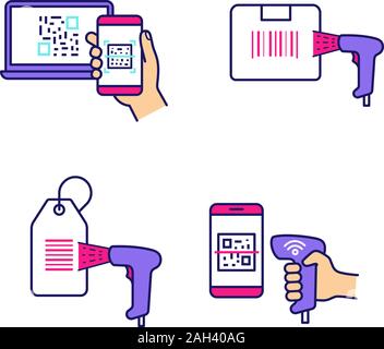 Brcodes color icons set. Smartphone bar code scanning, delivery barcode scanning, hang tag, handheld qr code scanner. Isolated vector illustrations Stock Vector