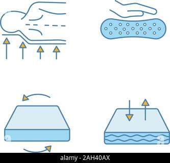 Orthopedic mattress color icons set. Back support, latex material, dual season mattress, breathable cover. Isolated vector illustrations Stock Vector
