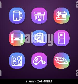 Household appliance app icons set. Electric kettle, air conditioner, sewing machine, home theater, vacuum cleaner, fridge, cooktop, mixer, steam iron. Stock Vector