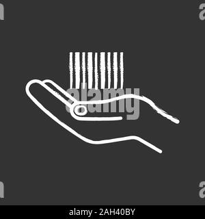 Hand holding barcode chalk icon. One dimensional code. Barcode generator service. Merchandising. Retail. Linear bar code in hand. Isolated vector chal Stock Vector