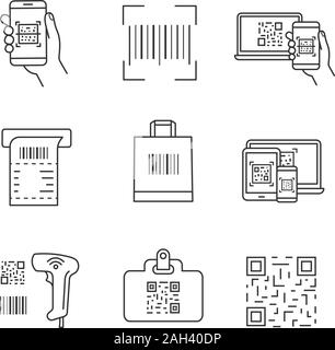 Barcodes linear icons set. Smartphone barcode scanning app, linear code, ATM cash receipt, shopping bag, scanner, id badge, using QR codes. Isolated v Stock Vector